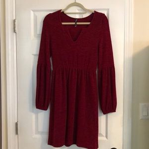 Deep Red V-Neck Sweater Dress